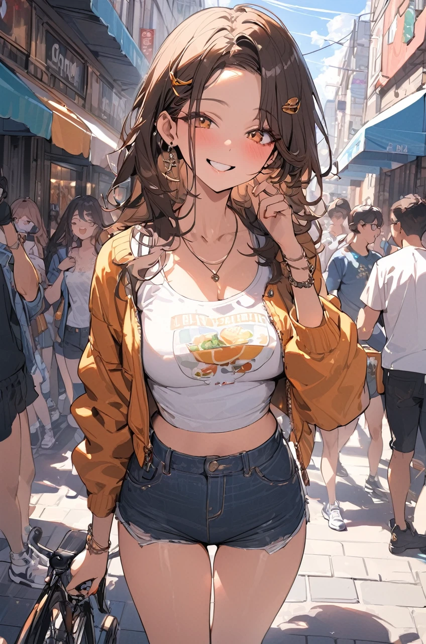(masterpiece:1.5), highest quality, Super detailed, very detailed, exquisite, 16k, Full HD, very aesthetic, absurdres, anime style, 1girl, high school girl, beautiful, female, super sexy girl, 18 years old, shoulder-length brown hair, brown hair, joyful smile, trendy casual fashion, denim jacket, white T-shirt, shorts, sneakers, taking, busy street with cafes and boutiques, sunny afternoon, bright sunlight on girl's face, soft shadows, people and bicycles in the background, blue sky and tall buildings in the distance, sharp focus on subject, vivid colors, cheerful and lively atmosphere, warm sunlight feel, in brazil 
