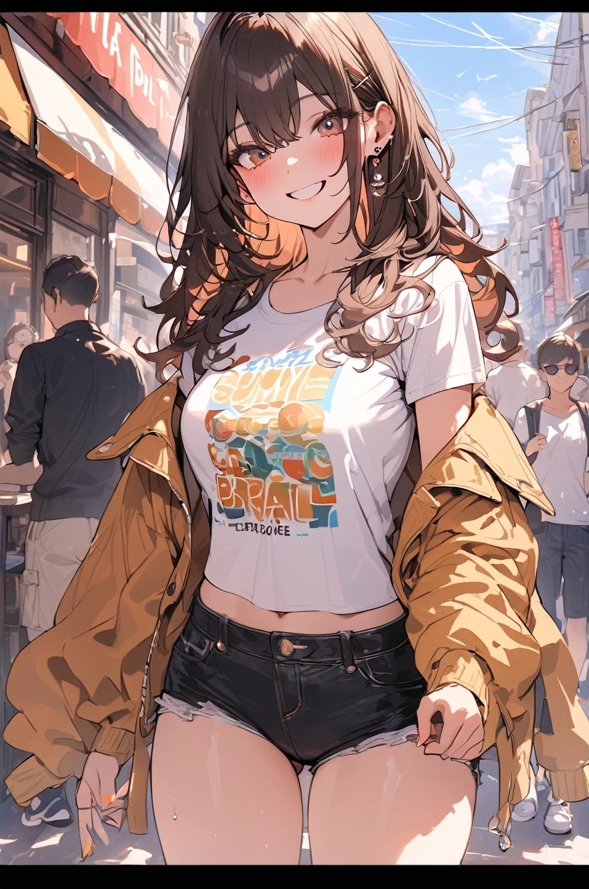 (masterpiece:1.5), highest quality, Super detailed, very detailed, exquisite, 16k, Full HD, very aesthetic, absurdres, anime style, 1girl, high school girl, beautiful, female, super sexy girl, 18 years old, shoulder-length brown hair, brown hair, joyful smile, trendy casual fashion, denim jacket, white T-shirt, shorts, sneakers, taking, busy street with cafes and boutiques, sunny afternoon, bright sunlight on girl's face, soft shadows, people and bicycles in the background, blue sky and tall buildings in the distance, sharp focus on subject, vivid colors, cheerful and lively atmosphere, warm sunlight feel, in brazil