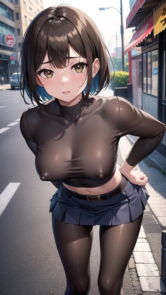 nobarakugisaki, nobara kugisaki, bob cut, (brown eyes:1.7), brown hair, lips, short hair, BREAK belt, brown belt, brown pantyhose,white crop top, crop top overhang,wet crop top,pantyhose, pleated skirt, shirt tucked in, skirt, blue skirt, BREAK looking at viewer,BREAK (masterpiece:1.2), best quality, high resolution, unity 8k wallpaper, (illustration:0.8), (beautiful detailed eyes:1.6), extremely detailed face, perfect lighting, extremely detailed CG, (perfect hands, perfect anatomy),street,night,cyberpunk,neon lights, wet road, from above,bend over,on bench,nipples.