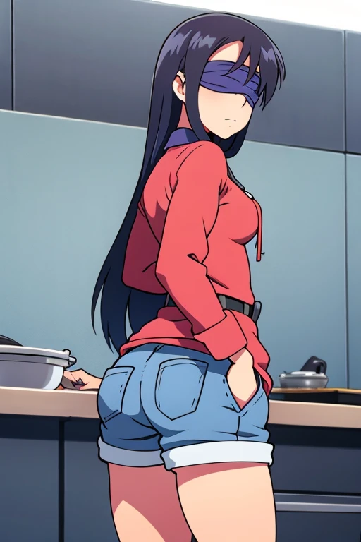 girl in booty shorts, wearing oven mittens tucked in pockets, blindfold