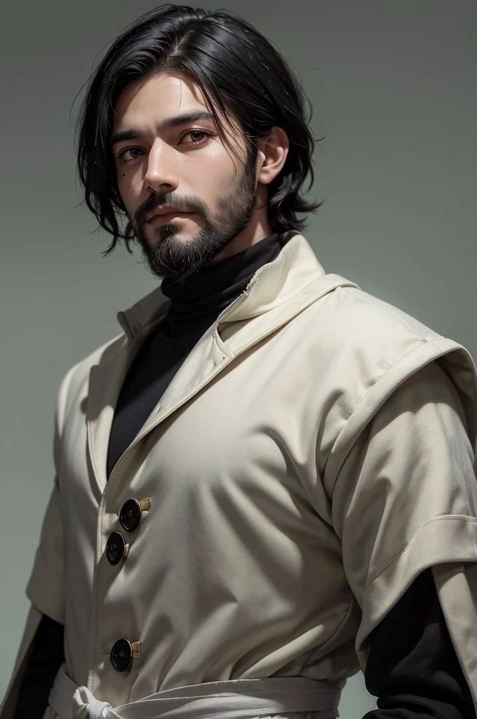 realistic portrait of a young man with shaggy black hair and a sparse beard just on his chin. He has a serious expression and is wearing a bandage on his nose.. He wears a white turtleneck and a black coat.. The background is light green with scattered black details.
