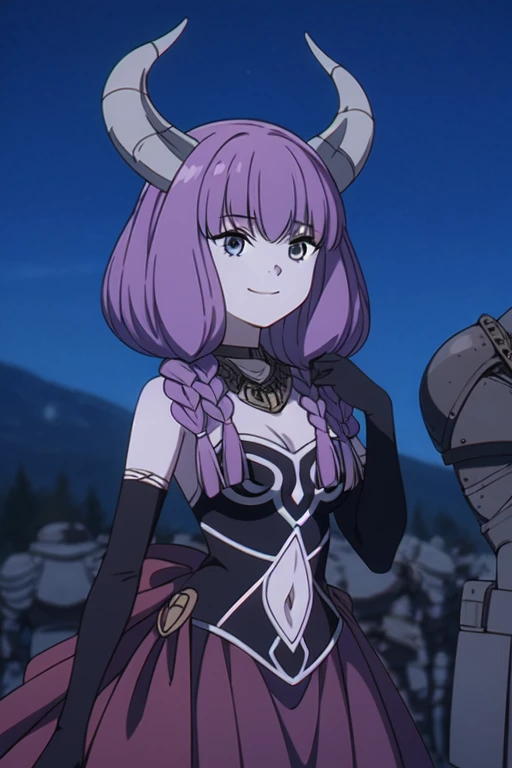 (((Best quality))),((Ultra-detailed)),((illustration)),((Disheveled hair)),((frilld)),(1 girl), 1girl,armor,bangs,blue background,blue sky,blunt bangs,chain,closed mouth,clothing cutout,collar,elbow gloves,gloves,grey eyes,horns,long hair,looking at viewer,low twintails,navel,navel cutout,night,night sky,outdoors,pauldrons,purple hair,shoulder armor,skirt,sky,smile,solo,star \(sky\),starry sky,twintails,Libra,