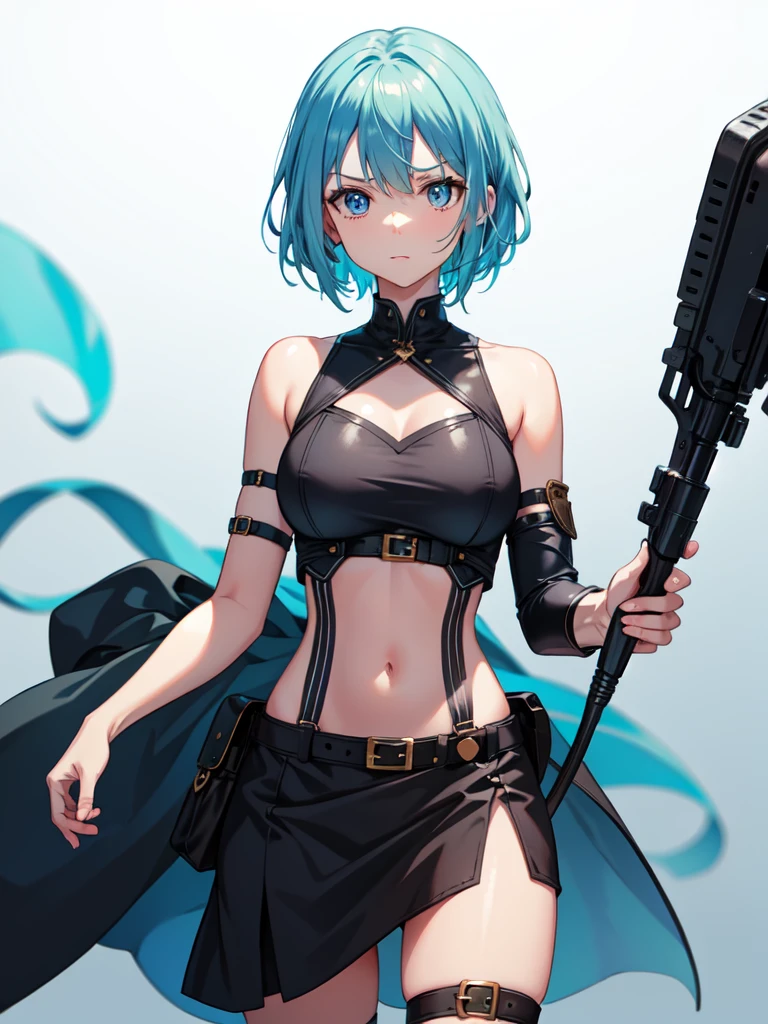 1 girl, light blue hair, light hair hair, sharp eyes, light blue eyes, sleeveless combat dress, bow, serious look, masterpiece, high quality, fantasy eyepatch, unique eyepatch, short hair, short hair, very short hair, unique hair, special hair