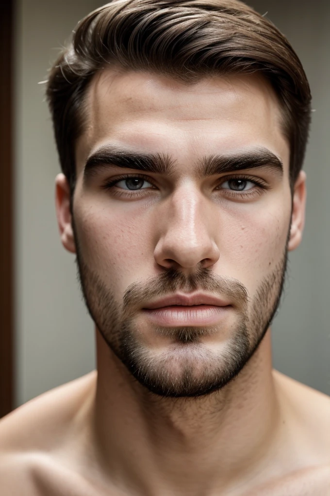 White man with acne on his face with very big lips and hairy eyebrows 