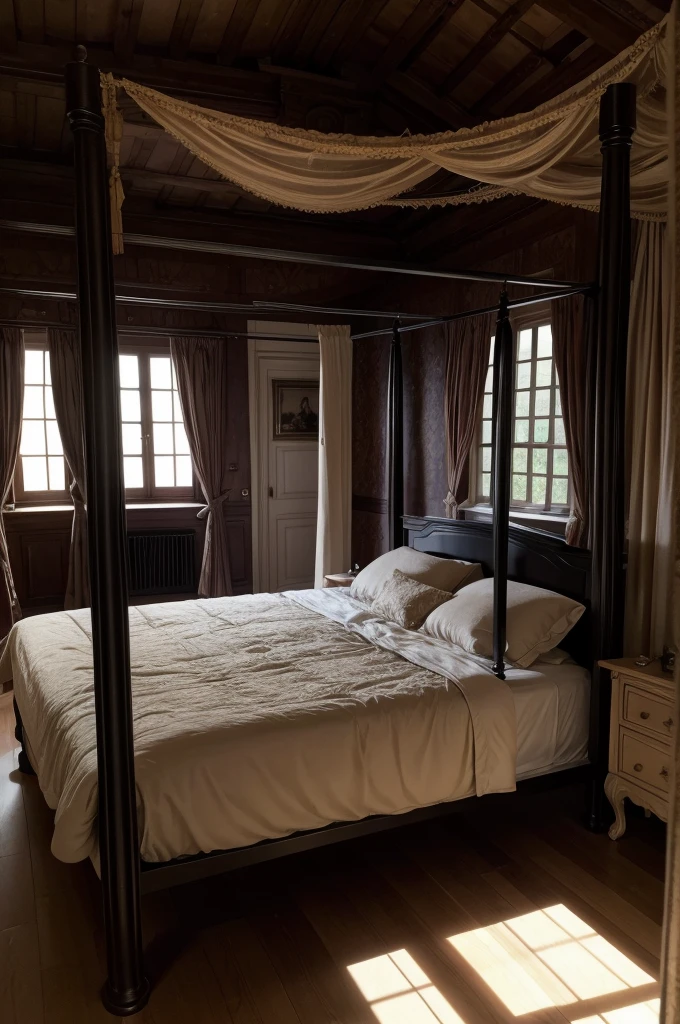 hd realistic image: BDSM room in a castle. +18. There is a bed... And vibrators, handcuffs on top of the four-poster bed. Modern bedroom in a fantasy world.