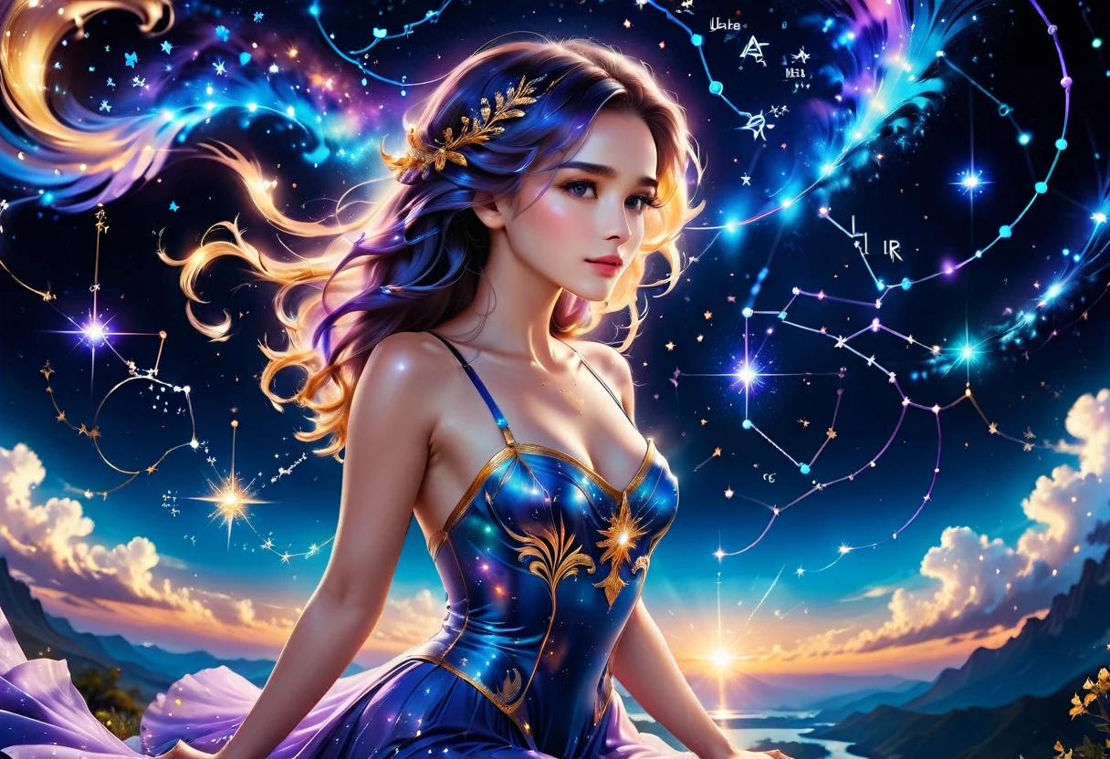 a portrait of the ((libra constellation: 1.3)) in the night sky seen by an astrologer looking at , an extraordinary beautiful woman, there is magic in her eyes divining the future from the Libra constellation, dynamic hair color, dynamic hair style, wearing an intricate lavender dress decorated with glowing stars, she looks to the night sky seeing the ((Libra constellation in the sky: 1.5)), vibrant, Ultra-high resolution, High Contrast, (masterpiece:1.5), highest quality, Best aesthetics), best details, best quality, highres, 16k, [ultra detailed], masterpiece, best quality, (extremely detailed), Cinematic Hollywood Film, magical sky, Cinematic Hollywood Film, magical sky, FireMagicAI, Intense gaze