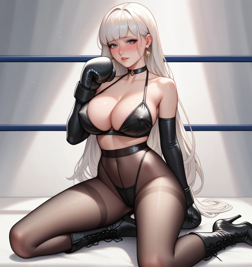 korean beautifull girl,18 years old,Pretty Face,Good shape,detailed picture, Shy expression, blush,White long hair, Wear transparent erotic underwear,Wear black pantyhose,high-heel boots, Wearing black boxing gloves,Black sleeves on arms, Make boxing moves,Large Breasts,Cleavage,Long legs,Thin waist,nipple,