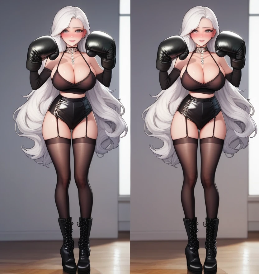 korean beautifull girl,18 years old,Pretty Face,Good shape,detailed picture, Shy expression, blush,White long hair, Wear transparent underwear,Wear black pantyhigh-heel boots, Wearing black boxing gloves,Black sleeves on arms, Make boxing moves,Large Breasts,Cleong legsist,nipple,