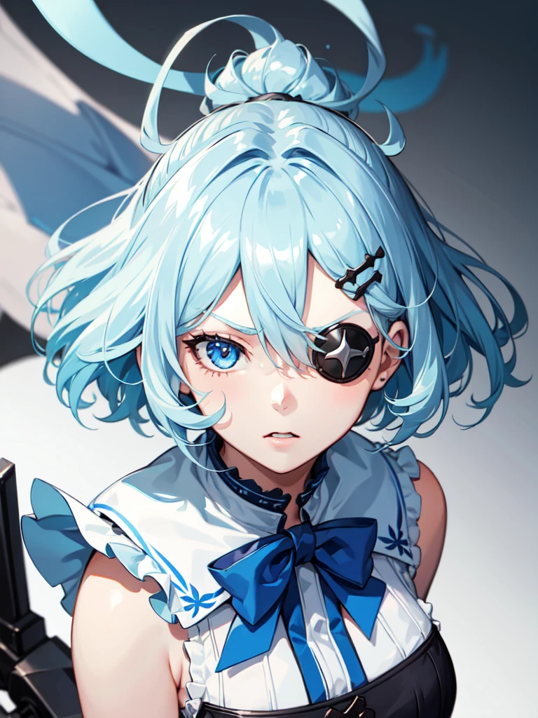 1 girl, light blue hair, light hair hair, sharp eyes, light blue eyes, sleeveless combat dress, bow, serious look, masterpiece, high quality, fantasy eyepatch, unique eyepatch, short hair, short hair, very short hair, unique hair, special hair, boy hair