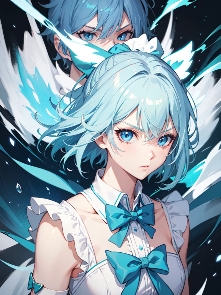 1 girl, light blue hair, light hair hair, sharp eyes, light blue eyes, sleeveless combat dress, bow, serious look, masterpiece, high quality, fantasy eyepatch, unique eyepatch, short hair, short hair, very short hair, unique hair, special hair, boy hair