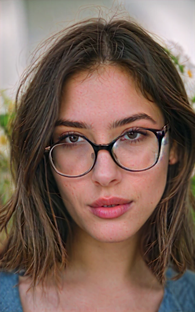 a beautiful 23-year-old woman, light brunette, Nahaufnahme, Girl Next Door, schlaffe Kleider, bilden, Lippen, Glasses, Nacht, Zerzaustes Haar, Filmkorn, retro, 160 Farbhalter, gedreht mit ARRI ALEXA 65, scharfer Fokus auf das Motiv, Fujifilm XT-3