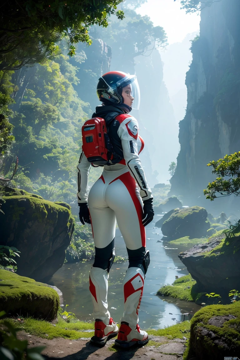 (35mmstyle:1.2), Highly detailed RAW color Photo, Rear Angle, Full Body, of (female space marine, wearing white and red space suit, futuristic helmet, tined face shield, rebreather, accentuated booty), outdoors, (standing on Precipice of tall rocky mountain, looking out at magical lush green rain forest on alien planet), vivid detail, (exotic alien planet), toned body, big butt, (sci-fi), (mountains:1.1), (lush green vegetation), (two moons in sky:0.8), (highly detailed, hyperdetailed, intricate), (lens flare:0.7), (bloom:0.7), particle effects, raytracing, cinematic lighting, shallow depth of field, photographed on a Sony a9 II, 35mm wide angle lens, sharp focus, cinematic film still from Gravity 2013, viewed from behind, dynamic angle