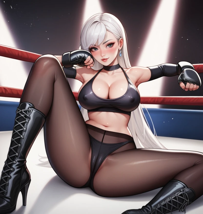 korean beautifull girl，18 years old,Pretty Face，Good shape，detailed picture, Seductive expression， blush，White long hair, Wear wrestling clothes，Wear black pantyhose，high-heel boots, Wearing black boxing gloves，Black sleeves on arms, Sitting in the boxing ring，Large Breasts,Cleavage,Long legs，Thin waist，nipple，Camel toe，M leg