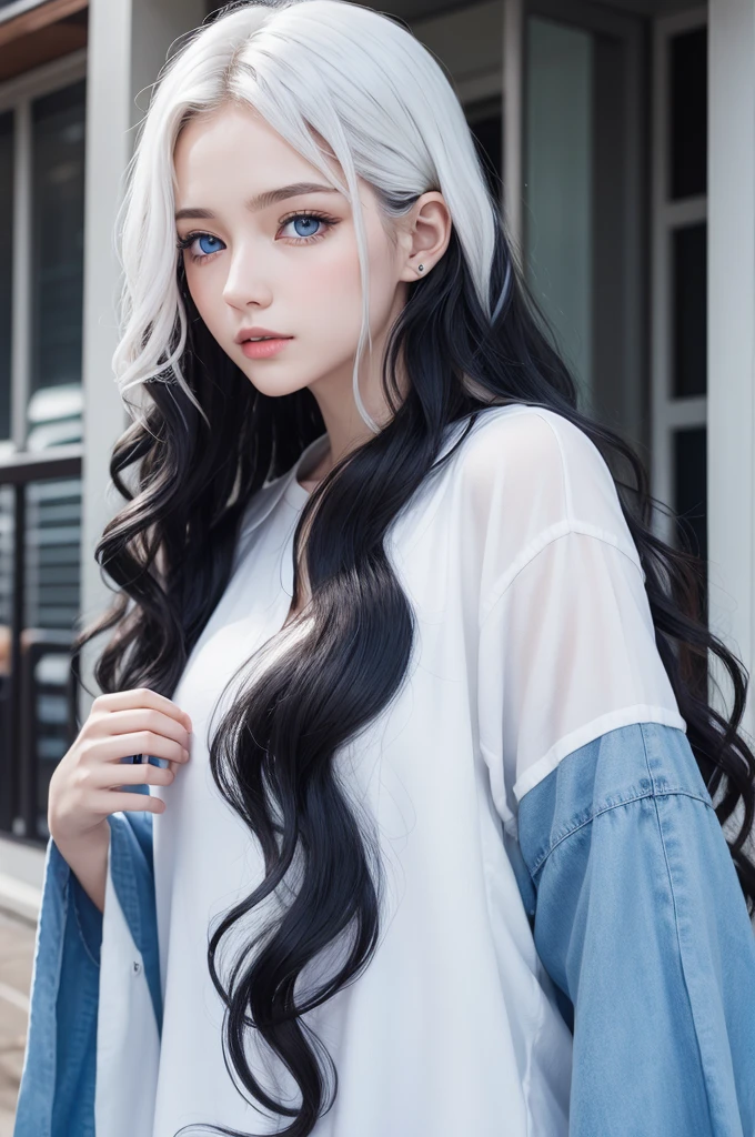  with white skin, blue colored eyes, long black wavy hair