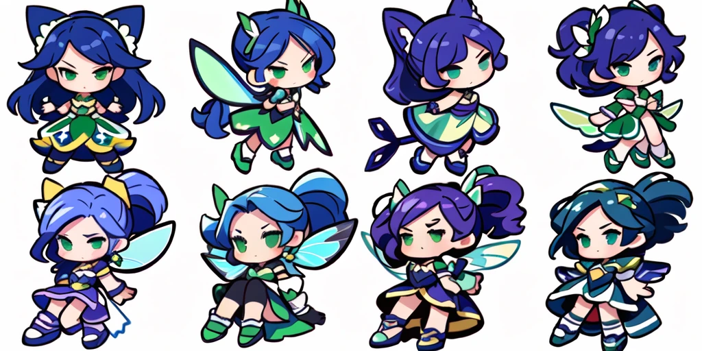 a close up of a cartoon character with different poses, spritesheet, sprite sheet, with familiar sprites, sprites, fairy girl, morgana, default pose neutral expression, twirling, sprite 2 d, shady, green fairy, smol, multiple poses, cute chibi, kawaii