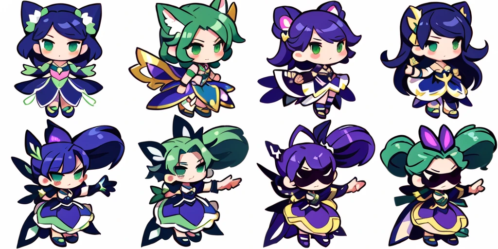 a close up of a cartoon character with different poses, spritesheet, sprite sheet, with familiar sprites, sprites, fairy girl, morgana, default pose neutral expression, twirling, sprite 2 d, shady, green fairy, smol,  multiple poses, cute chibi, kawaii
