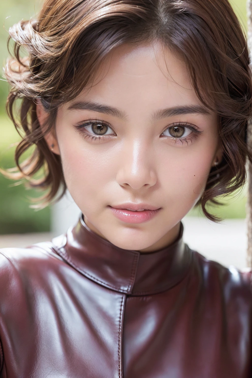 (best quality、4k、8k、highreasterpiece:1.2)、ultra detailed、(realistic、photorealistic、photo-realistic:1.37)、(1woman:1.3 22-year-old)brown_eyes、((Fujicolor、daytime soft lighting)、fashion supermodel、(ultra detailed: short curly hair)、(pink_makeup)、(pleated modest leather BDSM costume)、dynamic pose、((close-up of her face: 1.33))