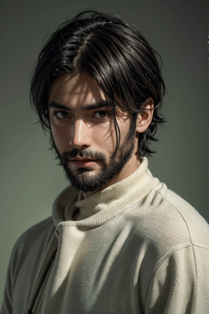 realistic portrait of a young man with shaggy black hair and a sparse beard just on his chin. He has a serious expression and is wearing a bandage on his nose.. He wears a white turtleneck and a black coat.. The background is light green with scattered black details.