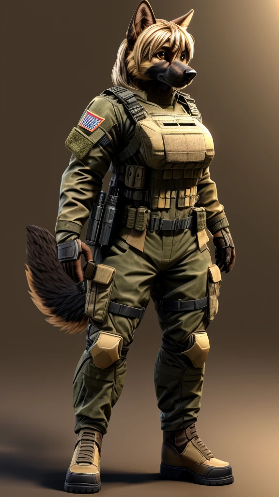 Female german shepherd, mature adult, anthro, beige cream hair, fringe, brown eyes, wearing a bulky military combat suit, standing, detailed, solo, beautiful, high quality, full body, 4K, clear background