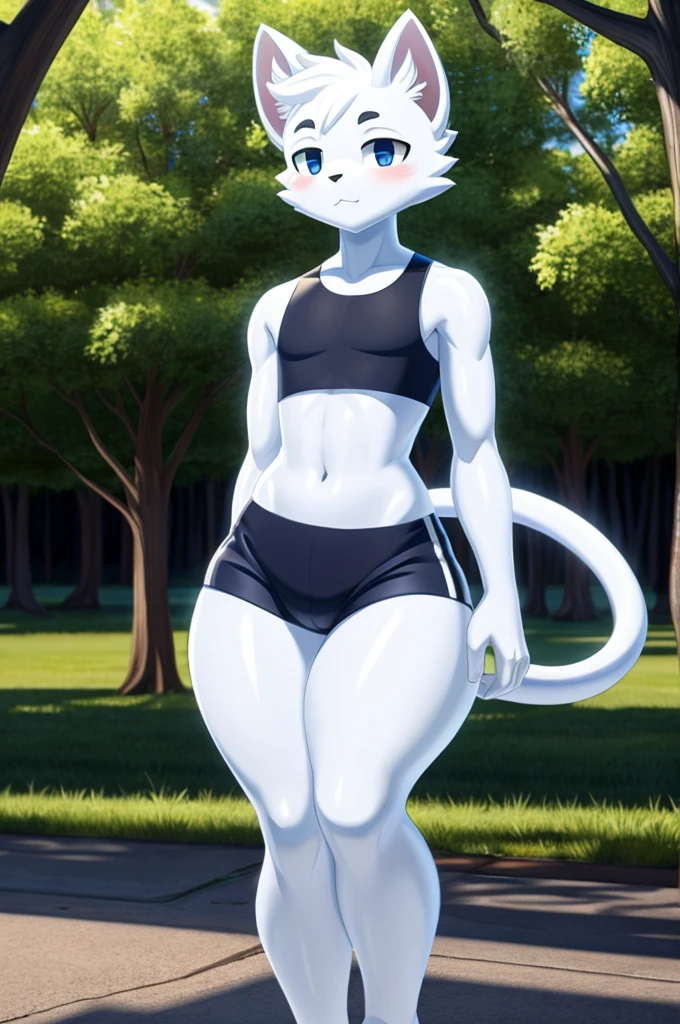 (masterpiece), high resolution, boykisser, boy, white fur, feline, (very thick thighs), (very wide hips), crop top, short spandex shorts, outside, park, lubricated skin, reflective skin, , small, reflective body, standing in shadow