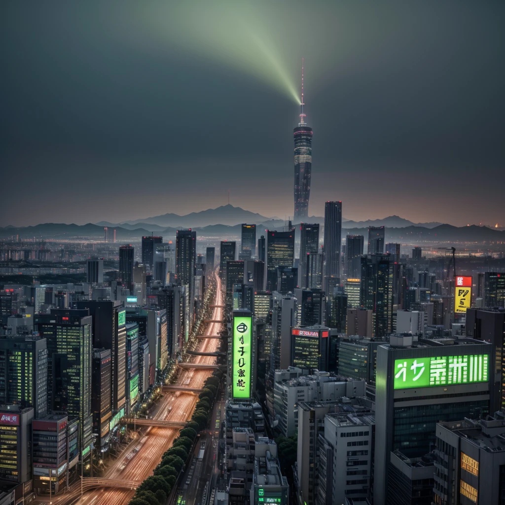 Skyline gtr 34 lime green, at night, under the light of tokyo city signs at dawn, hyper realist, 4K, hyper detailled