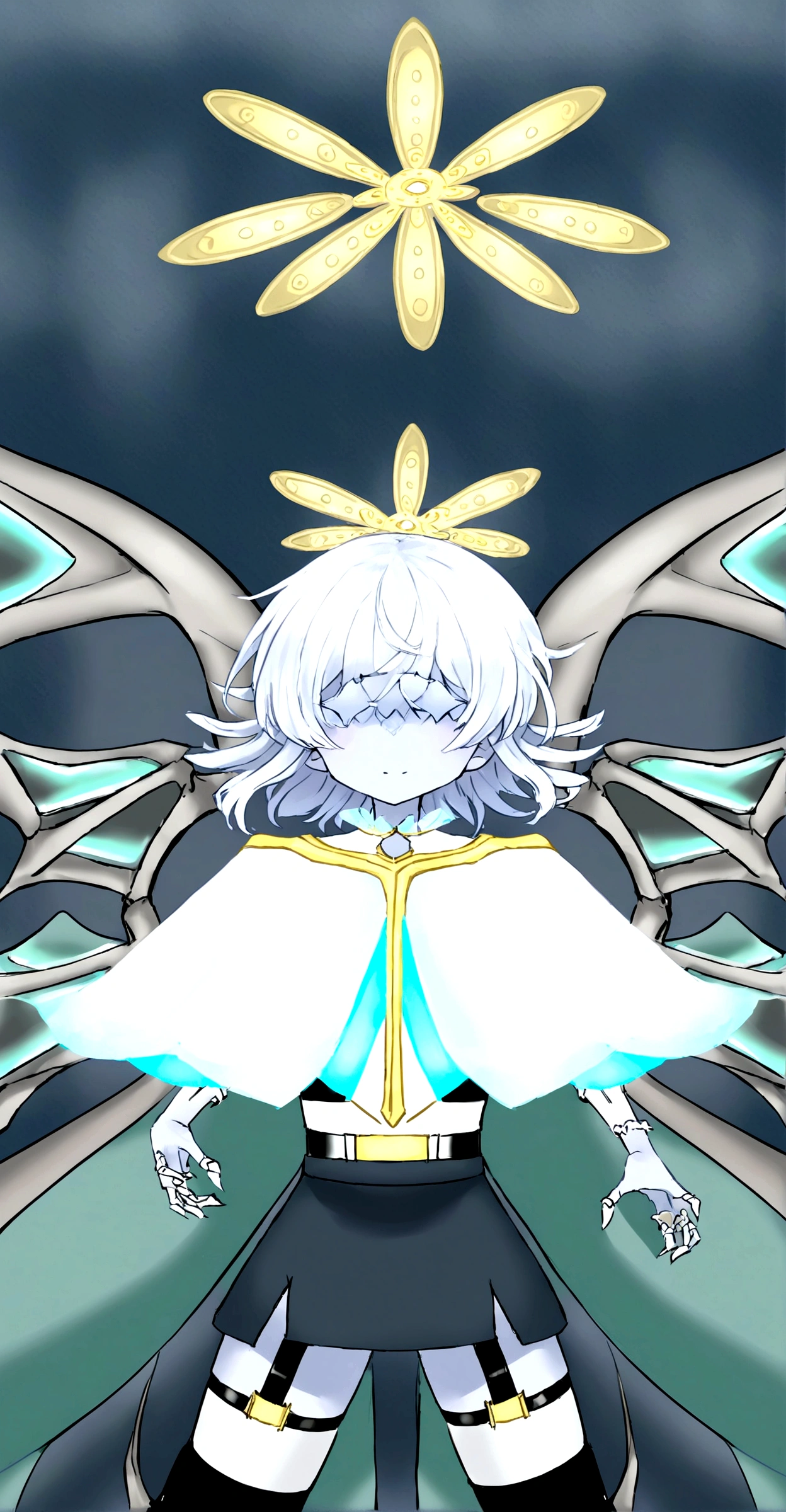 Angel with light blue skin, アニメ, Skeletal wings, with arm hair and bangs that cover the eyes