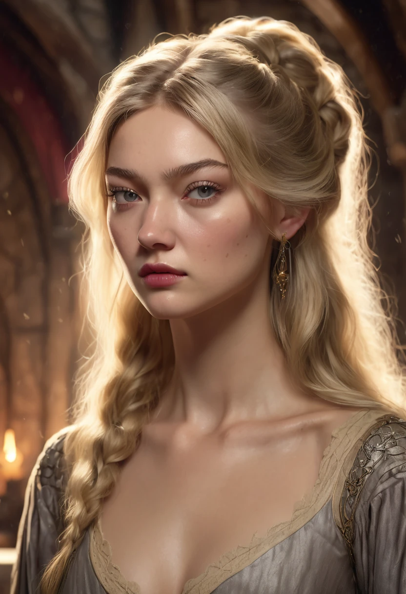 1 woman, inside a simple medieval room, wearing simple sensual medieval courtesan clothing, detailed facial features, light and feminine eyes, detailed fair skin, medium length messy blonde hair, strong and slightly angry expression, dramatic lighting, cinematic composition, warm color palette, atmospheric fog, beautiful face, thin chin, beautiful woman with slender body, face similar to model gigi Hadid (best quality, 4K, 8K, high resolution, art: 1.2), ultra-detailed, (realistic, photorealistic, photorealistic: 1.37 )