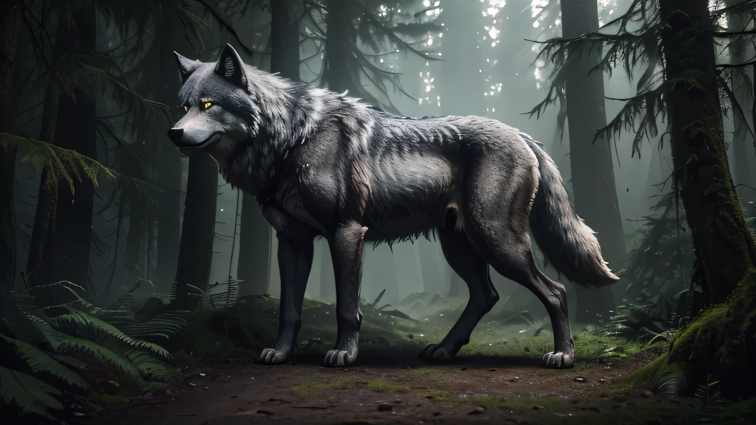 a large gray wolf, extremely detailed anatomy, muscular body, sharp teeth, piercing eyes, standing in a lush forest, dramatic lighting, moody atmospheric, (best quality,4k,8k,highres,masterpiece:1.2),ultra-detailed,(realistic,photorealistic,photo-realistic:1.37),wildlife,nature,cinematic