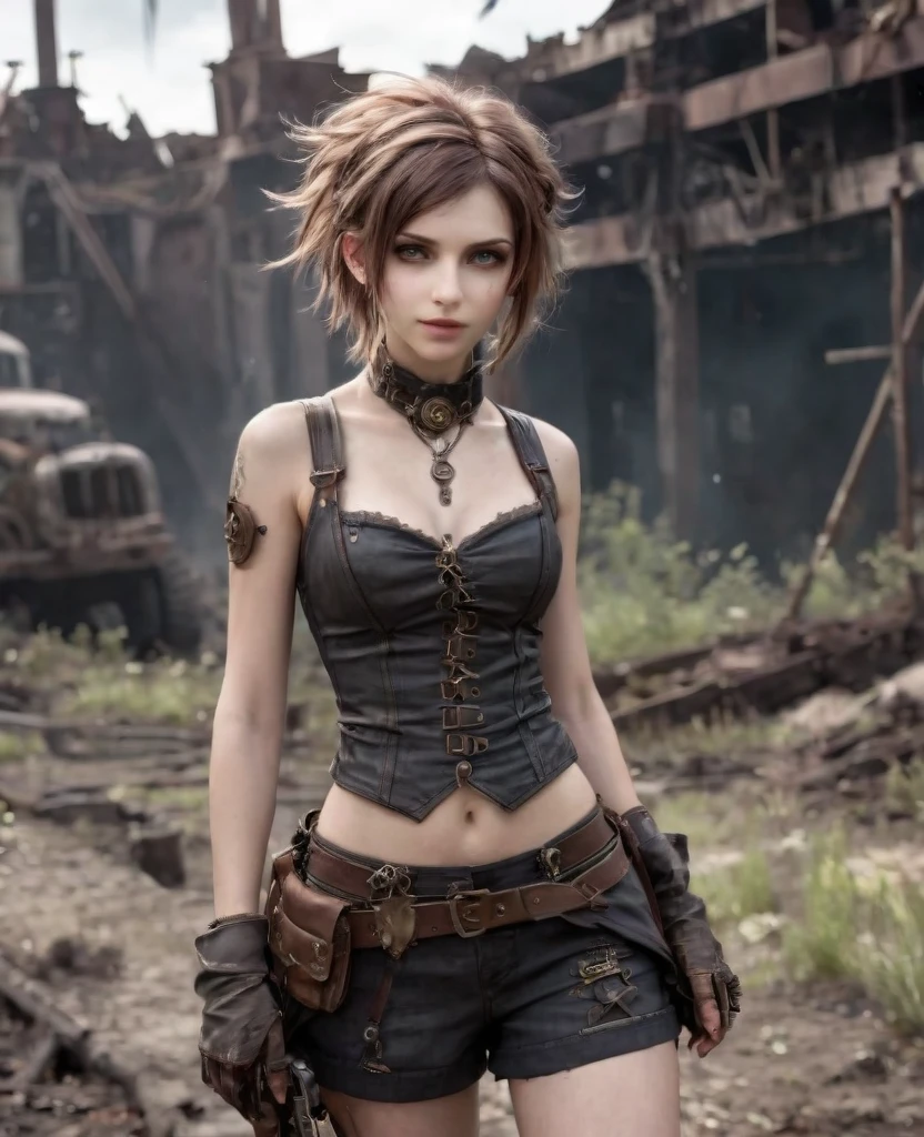 (((high resolution))), (((extremely detailed))), ((masterpiece)), dramatic shadows, depth of field, analog photo style, (world in which are collide steampunk and postapocalyptic vibes), postapocalyptic cute female in steampunk torn dirty clothes, looks like Aerith Gainsborough, depth of field, full body shot, unzoomed, (perfect body: 1.4), (sidecut short hairstyle), (stalking is quite common, although not the best way to make a living), looks interested, stylized atmosphere of unreality, dark aesthetic, dynamic pose, in motion, Armageddon, increase cinematic lighting, highly lifelike skin texture, parted lips, weary eyes, fine eyes, whitened skin, random hair colour, doomsday aura,