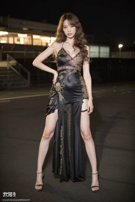 Tokyo,Night view,tense atmosphere, (original photography:1.3), (best quality), (Extremely detailed),(Messy hair),(Inspired by the 007 movie),(Real stills:1.3),Full body portrait,007 Style,1 Woman,Mature woman,Perfect body,blond hair,long golden curly hair,Very detailed face,delicate eyes,Strong breasts,((embroidery:1.2)),Ethnic Clothing,dress,Long slender legs,ribbon on thigh,Long range shooting,Long distance shooting,There are two tall men standing behind