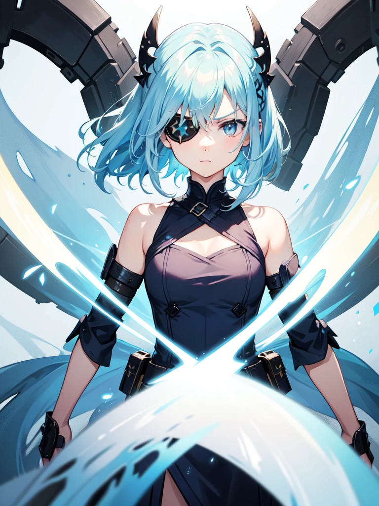1 girl, light blue hair, light hair hair, sharp eyes, light blue eyes, sleeveless combat dress, bow, serious look, masterpiece, high quality, fantasy eyepatch, unique eyepatch, short hair, short hair, very short hair, unique hair, special hair, boy hair
