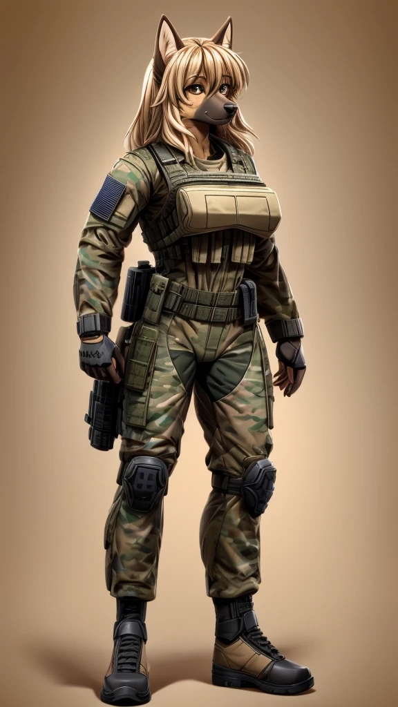 Female german shepherd, mature adult, anthro, beige cream hair, fringe, brown eyes, wearing a bulky military combat suit, standing, detailed, solo, beautiful, high quality, full body, 4K, clear background, manhwa