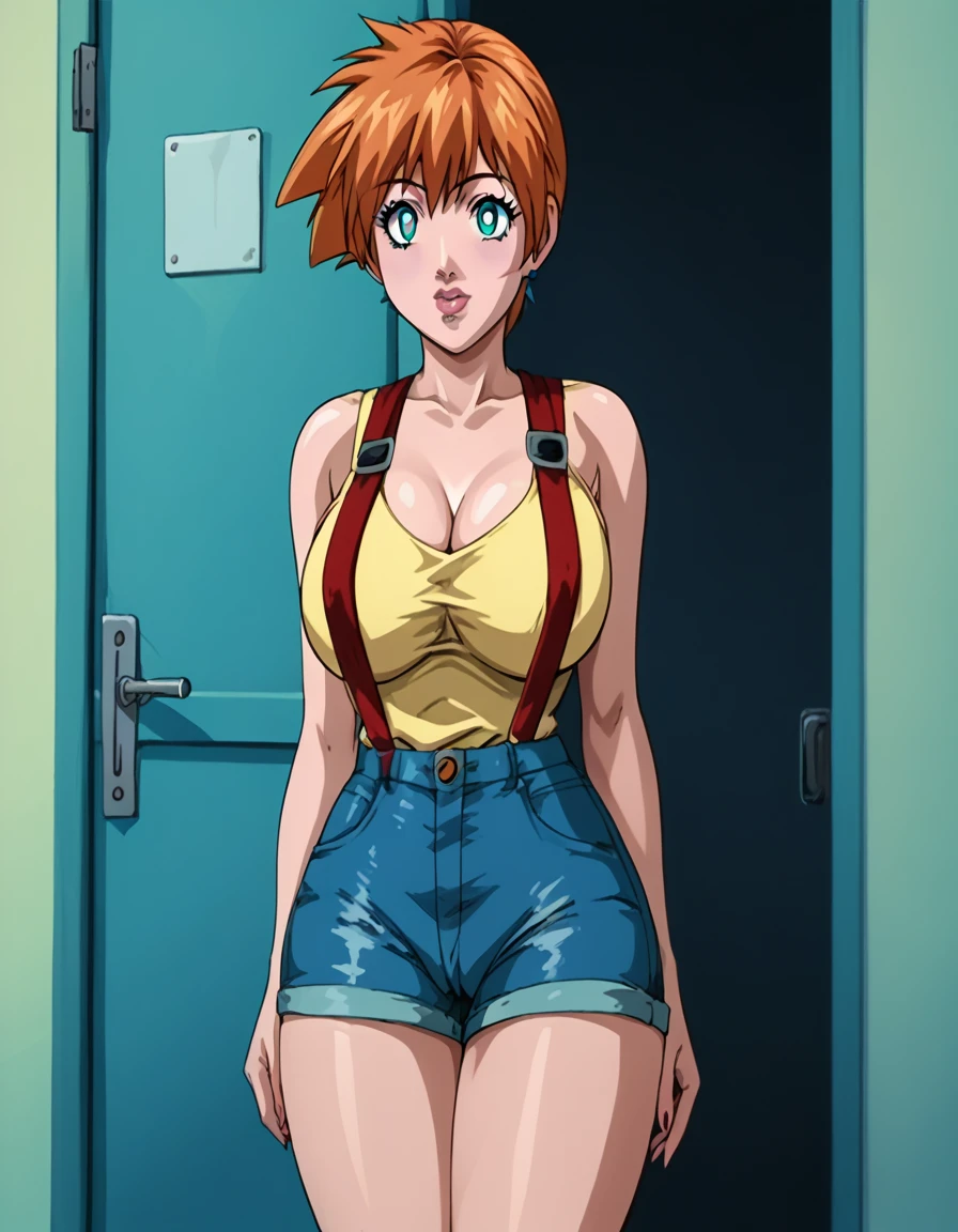 1girl, solo, score_9, score_8_up, source_anime Bibl3, busty shortstack, hypnotized, misty \(pokemon\, orange hair, aqua eyes, white pupils, huge breasts, heavy breasts, breast expansion, full lips, vivid lips, wide hips, thick thighs, yellow tank top, red suspenders, denim shorts, cameltoe, viewed from front, standing at attention, doorway of school office, girl mind controlled, mesmerized, innocent expression, raised eyebrows, detailed eyes, detailed face, puckered lips,