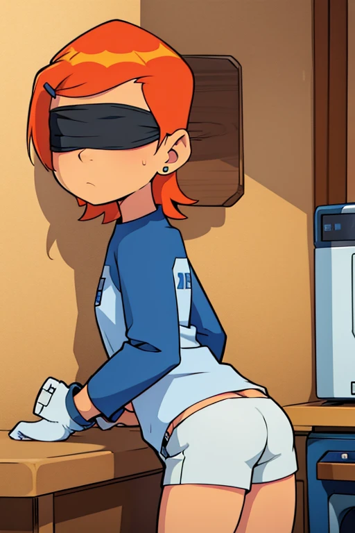 girl in booty shorts, wearing oven mittens tucked in pockets, blindfold