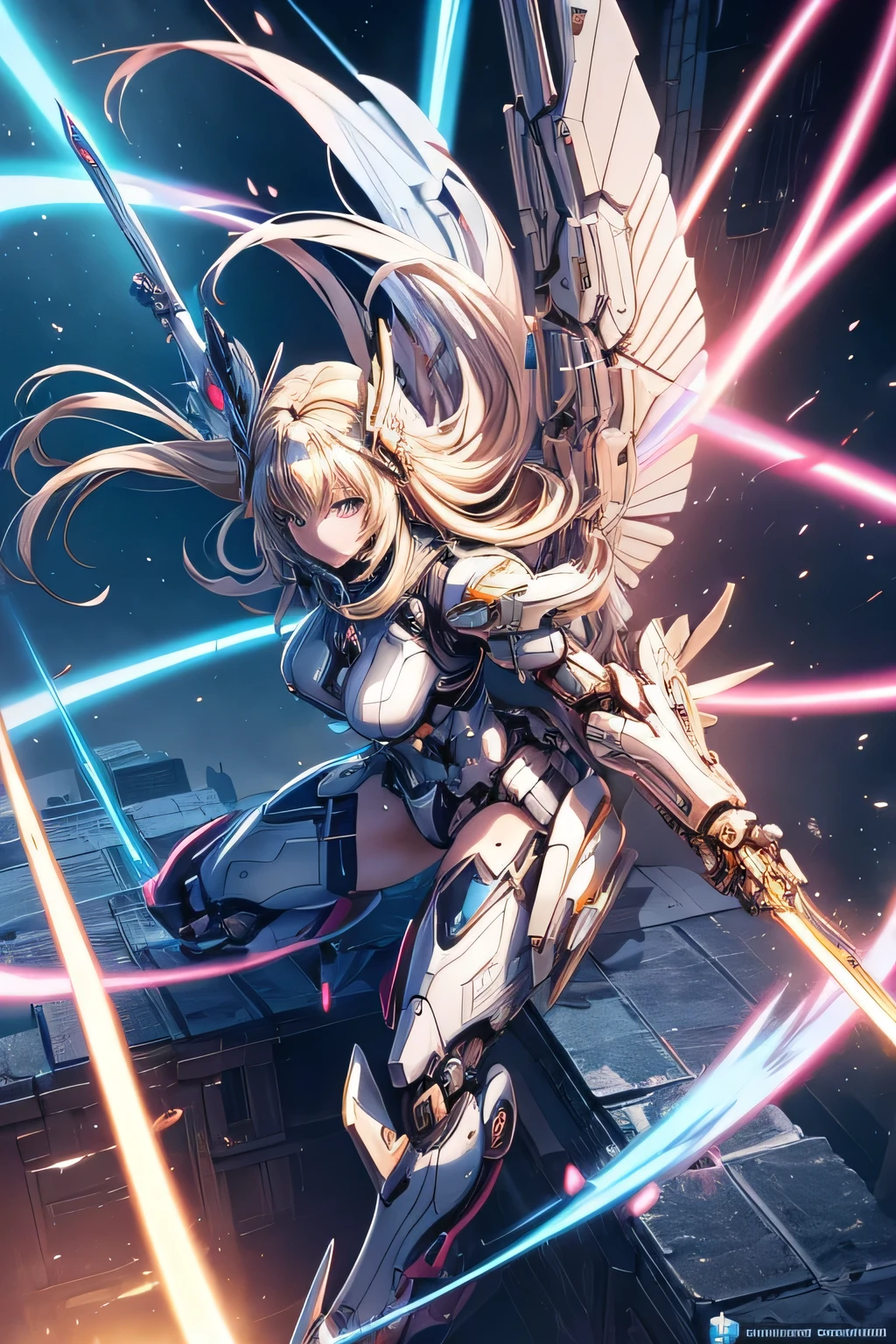 Anime girl with wings and sword in a futuristic setting, Mechanized Valkyrie Girl, Female Action Anime Girl, Anime Style 4k, 2. 5 d cgi Anime fantasy artwork, Advanced Digital Animation Art, Girl wearing mecha cyber armor, Cyberpunk Anime Girl Mecha, Anime fantasy artwork, blonde anime girl with long hair, Mecha Wings, Angel Knight Girl,(fighting stance),