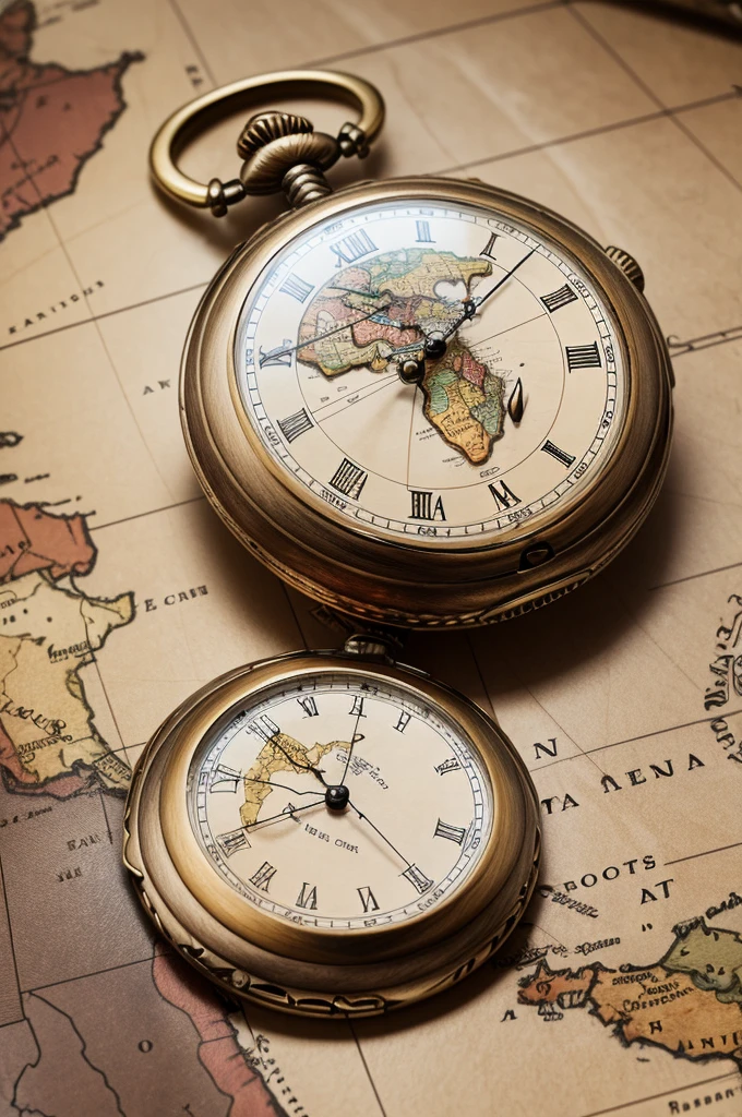 Create an image of an analog pocket watch placed on top of an African map, make it look stylish and vintage.