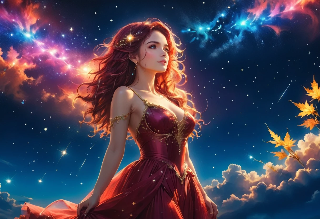 a portrait of an astrologer looking to the sky at libra constellation in the night sky, an extraordinary beautiful woman, there is magic in her eyes divining the future from the Libra constellation, dynamic hair color, dynamic hair style, wearing an intricate red dress decorated with glowing stars, she looks to the night sky seeing the ((Libra constellation in the sky: 1.5)), vibrant, Ultra-high resolution, High Contrast, (masterpiece:1.5), highest quality, Best aesthetics), best details, best quality, highres, 16k, [ultra detailed], masterpiece, best quality, (extremely detailed), Cinematic Hollywood Film, magical sky, FireMagicAI, dark novel