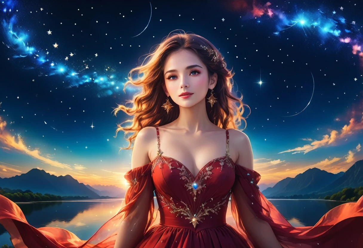 a portrait of an astrologer looking to the sky at libra constellation in the night sky, an extraordinary beautiful woman, there is magic in her eyes divining the future from the Libra constellation, dynamic hair color, dynamic hair style, wearing an intricate red dress decorated with glowing stars, she looks to the night sky seeing the ((Libra constellation in the sky: 1.5)), vibrant, Ultra-high resolution, High Contrast, (masterpiece:1.5), highest quality, Best aesthetics), best details, best quality, highres, 16k, [ultra detailed], masterpiece, best quality, (extremely detailed), Cinematic Hollywood Film, magical sky, FireMagicAI, dark novel