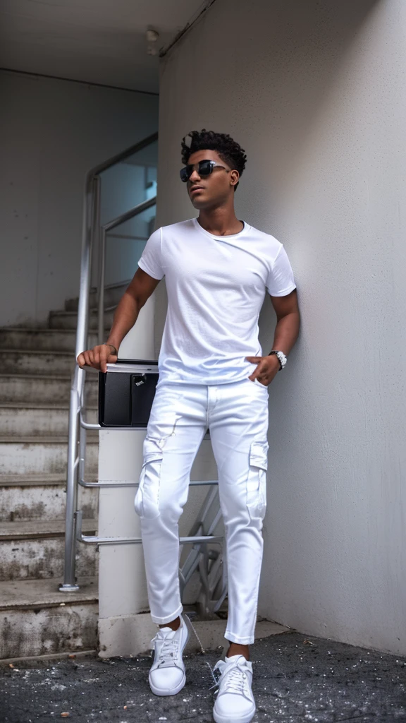 arafed man in white shirt and black pants standing on stairs, wearing pants and a t-shirt, casual photography, white shirt and jeans, wearing cargo pants, white shirt and blue jeans, man in white t - shirt, modern casual clothing, wearing casual clothes, wearing casual clothing, casual modern clothing, cinematic outfit photo, with a cool pose