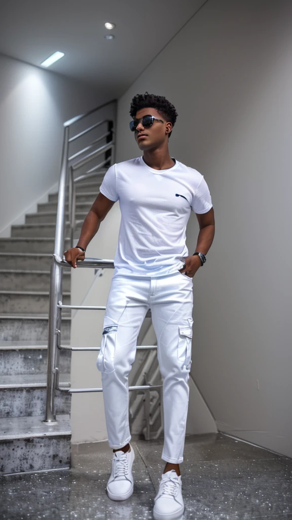 arafed man in white shirt and black pants standing on stairs, wearing pants and a t-shirt, casual photography, white shirt and jeans, wearing cargo pants, white shirt and blue jeans, man in white t - shirt, modern casual clothing, wearing casual clothes, wearing casual clothing, casual modern clothing, cinematic outfit photo, with a cool pose