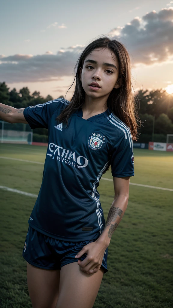 (Best Quality), (Full HD), (Gabriel Jesus), (Afternoon), (Sunset), (Soccer field), (Soccer Match), (Dark blue uniform and white).