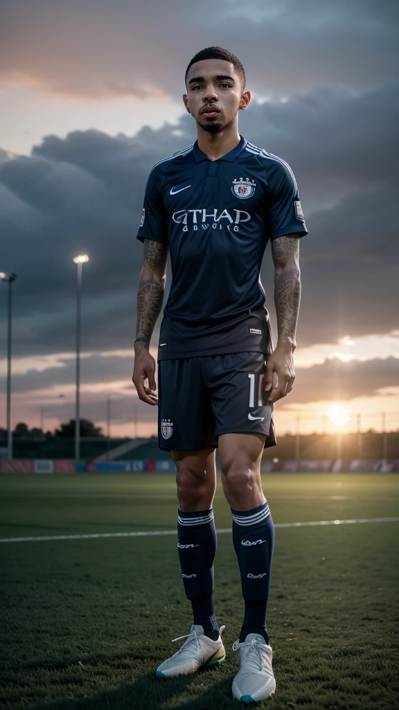 (Best Quality), (Full HD), (Gabriel Jesus), (Afternoon), (Sunset), (Soccer field), (Soccer Match), (Dark blue uniform and white).
