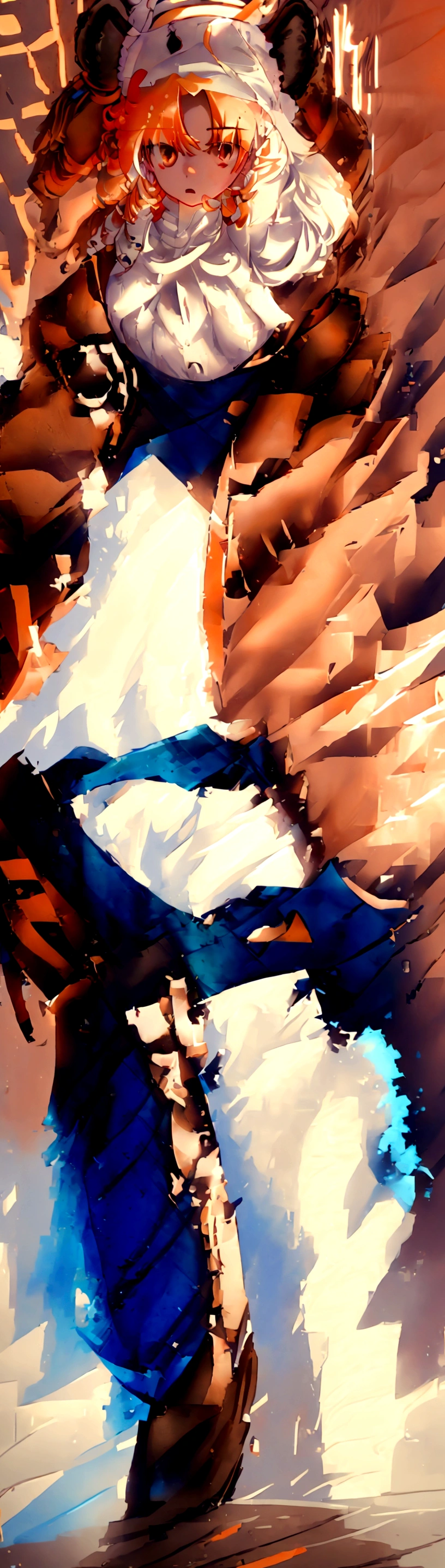 (1girl, standing) short, thin, tiny, small, young, light brown skin girl, egyptian, mouse ears, mouse tail, flame accents, white body suit, white full bodysuit with blue accents, cyberpunk tech suit, long hair, dark orange hair, white head scarf, blue and orange hair beads, cropped jacket, orange jacket, black utility belt with huge black pouches on hips, tech belt, giant hip saddlebags, big eyes, head bandana, turtle neck bodysuit, hair accessories, small braids in hair, hair half up half down, hair stripes, head jewelry, techwear, fire patches, bandages, large ears, glove, fingerless asymmetrical glove, wrapped hands, safety goggles around neck, black straps, fire theme, gun, flaming mouse tail, jacket patches, , Gun holster on hip, black utility belt, blue design on bodysuit only, actual mouse ears, techwear jacket, cropped jacket, orange slightly torn jacket, blue head wrap, small braid in long hair, bomb jacket, military girl