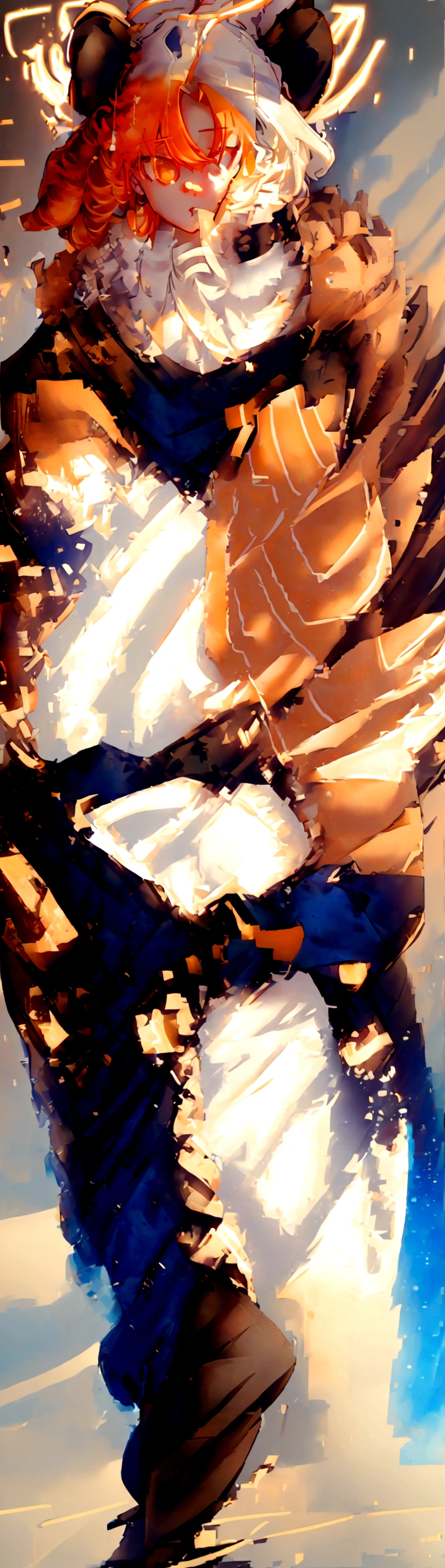 (1girl, standing) short, thin, tiny, small, young, light brown skin girl, egyptian, mouse ears, mouse tail, flame accents, white body suit, white full bodysuit with blue accents, cyberpunk tech suit, long hair, dark orange hair, white head scarf, blue and orange hair beads, cropped jacket, orange jacket, black utility belt with huge black pouches on hips, tech belt, giant hip saddlebags, big eyes, head bandana, turtle neck bodysuit, hair accessories, small braids in hair, hair half up half down, hair stripes, head jewelry, techwear, fire patches, bandages, large ears, glove, fingerless asymmetrical glove, wrapped hands, safety goggles around neck, black straps, fire theme, gun, flaming mouse tail, jacket patches, , Gun holster on hip, black utility belt, blue design on bodysuit only, actual mouse ears, techwear jacket, cropped jacket, orange slightly torn jacket, blue head wrap, small braid in long hair, bomb jacket, military girl