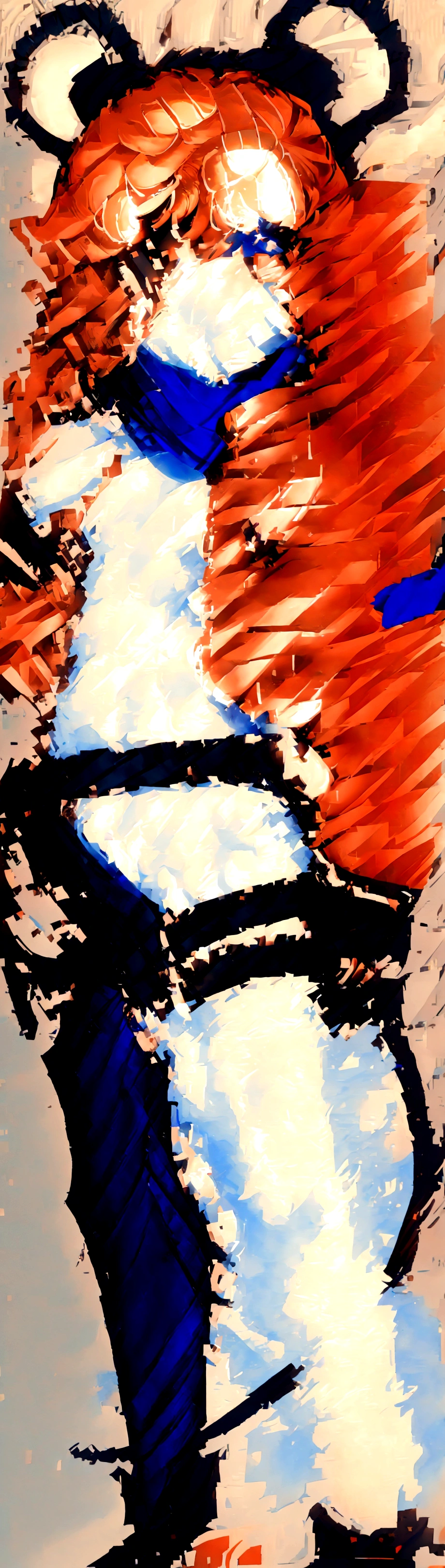 (1girl, standing) short, thin, tiny, small, young, light brown skin girl, egyptian, mouse ears, mouse tail, flame accents, white body suit, white full bodysuit with blue accents, cyberpunk tech suit, long hair, dark orange hair, white head scarf, blue and orange hair beads, cropped jacket, orange jacket, black utility belt with huge black pouches on hips, tech belt, giant hip saddlebags, big eyes, head bandana, turtle neck bodysuit, hair accessories, small braids in hair, hair half up half down, hair stripes, head jewelry, techwear, fire patches, bandages, large ears, glove, fingerless asymmetrical glove, wrapped hands, safety goggles around neck, black straps, fire theme, gun, flaming mouse tail, jacket patches, , Gun holster on hip, black utility belt, blue design on bodysuit only, actual mouse ears, techwear jacket, cropped jacket, orange slightly torn jacket, blue head wrap, small braid in long hair, bomb jacket, military girl