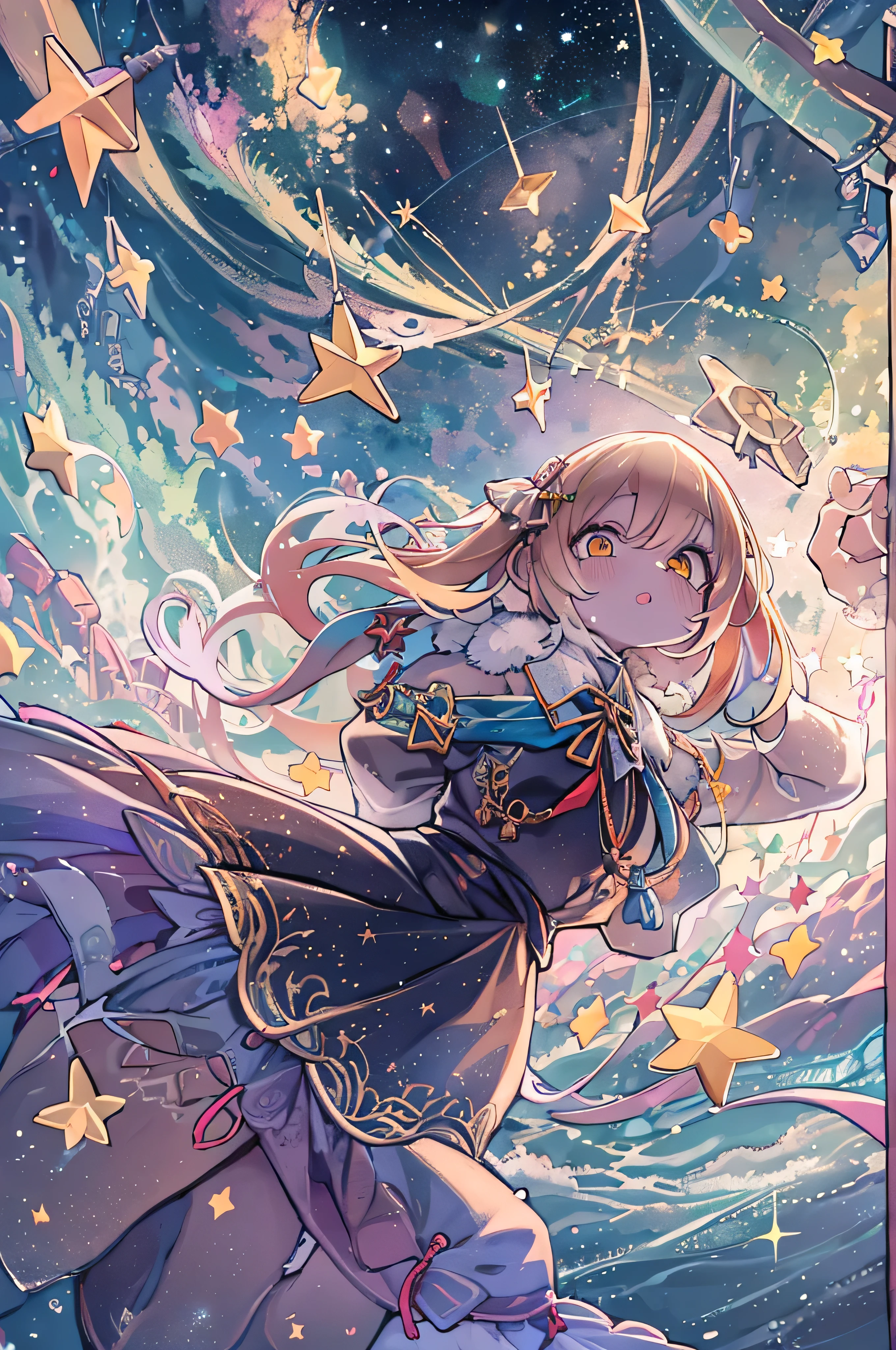 Attention to detail, Super detailed, Ultra-high resolution, A girl enjoying time in a dream galaxy, Surrounded by stars, The warm light that shines on her, Starry sky with colorful galaxy and galactic clouds background, The stars fly around her, Delicate face, Add a playful touch ,
