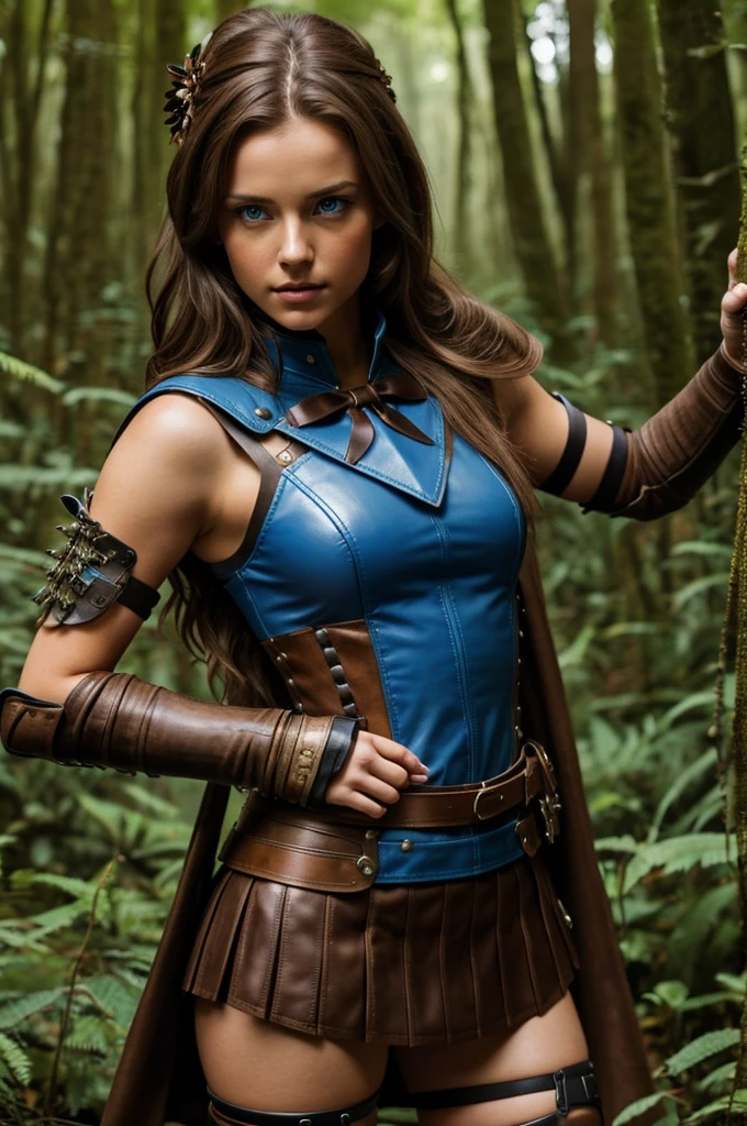A young female , (inside a lush forest), Brown hair, blue eyes, wearing armored clothing with fabrics and leather, day, face details, , Short skirt, seducing, bow, sleeveless , usando un bow y flecha