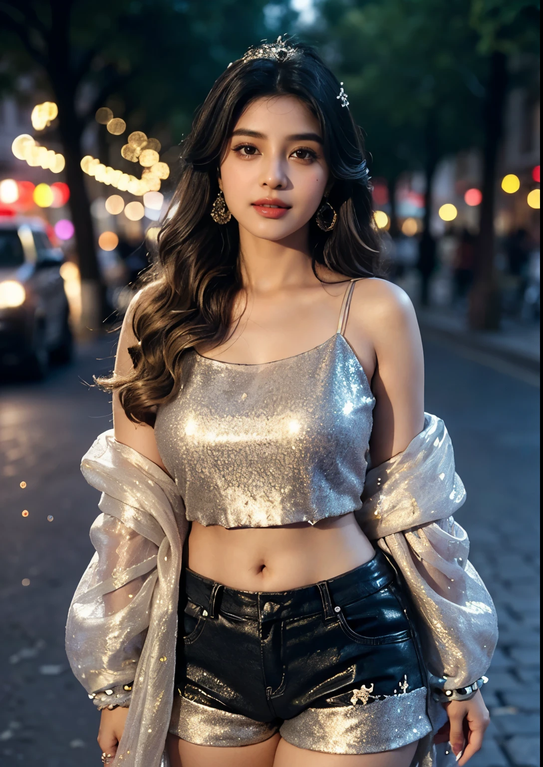 (((desi girl))), chubby face, natural skin, wearing hot deep neck top and dupatta, charming black hair, ((hair ends are blonde)), city streets background,(wearing glitter graphics jewelry), round Young Breast, bright light, long_hair, Bokeh, indian ,tree branch, colourfull,princess dress((choli:1.2,shorts;1.5))
