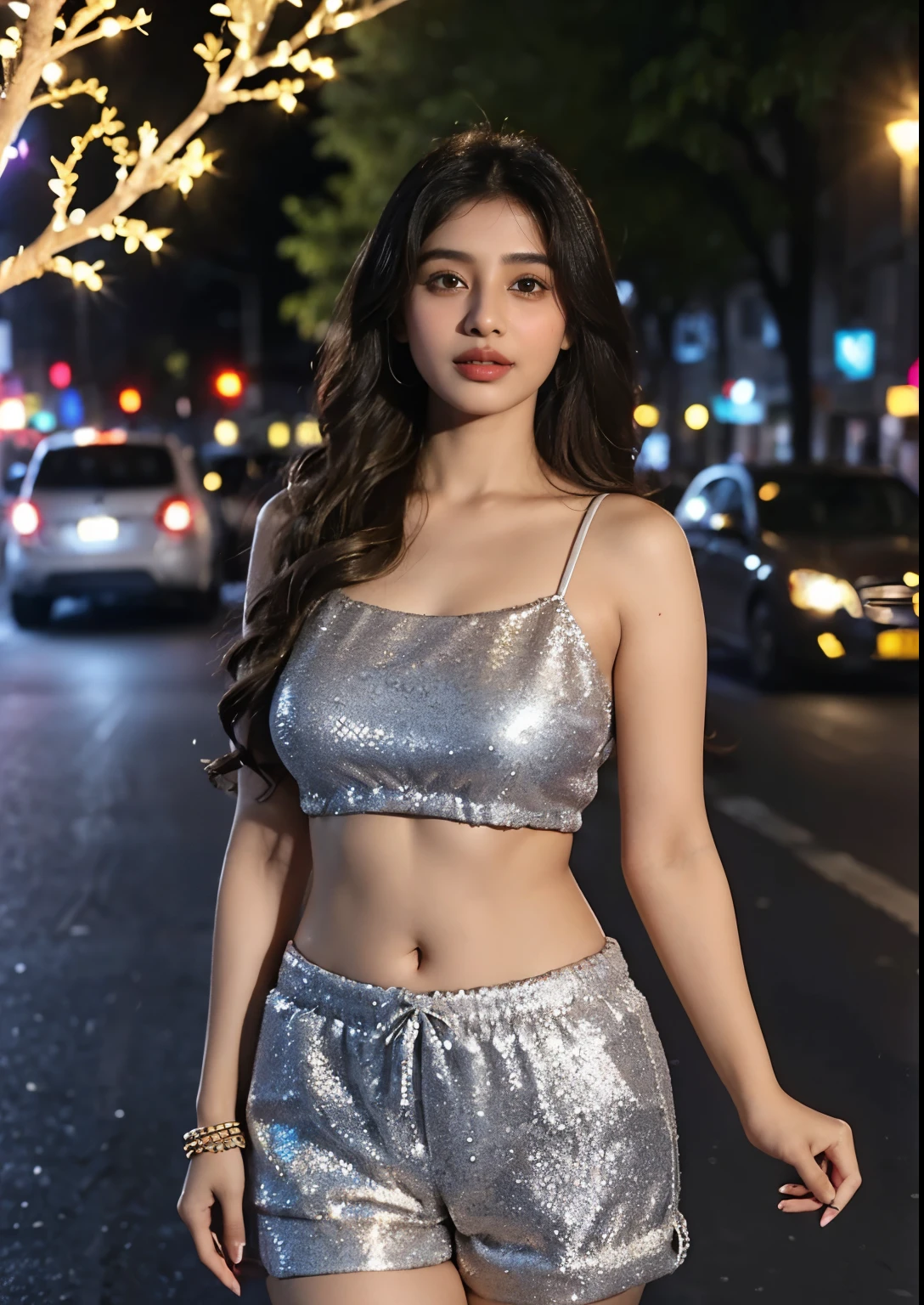 (((desi girl))), chubby face, natural skin, wearing hot deep neck top and dupatta, charming black hair, ((hair ends are blonde)), city streets background,(wearing glitter graphics jewelry), round Young Breast, bright light, long_hair, Bokeh, indian ,tree branch, colourfull,princess dress((choli:1.2,shorts;1.5))