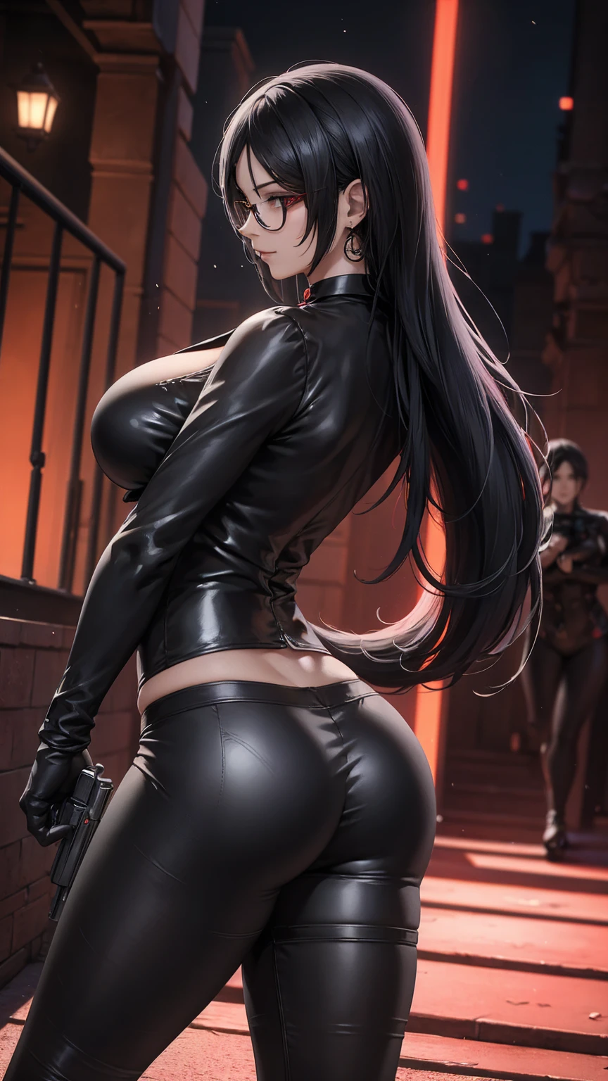 1 woman, standing, with seductive expression, loving smile, back view, perfect ass, detailed eyes, pose sexy, big breasts, long black hair, his super detailed glowing eyes, Full lips painted red, chiseled physique and wide hips. glasses, choker:1.6, (long sleeve white collar buttoned shirt), black gloves covering your hands, holding a gun with the right hand, (shiny black leggings), Walking in a dark alley at night, This image oozes realism., capturing the essence of a fragile figure. digital art, photorealistic and high definition technique